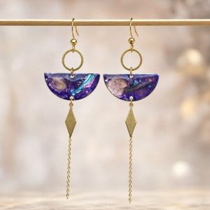 Boucles d’oreilles pendantes peintes à l’aquarelle en violet avec inclusion de nacre et finition résine